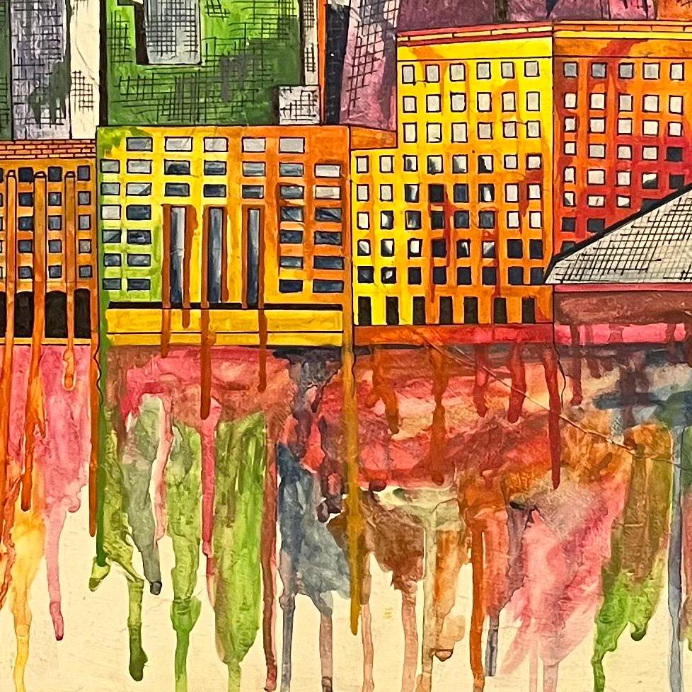 London Skyline Drip Style - Original Acrylic/Watercolour on Canvas Painting