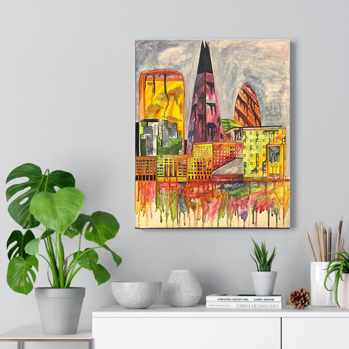London Skyline Drip Style - Original Acrylic/Watercolour on Canvas Painting