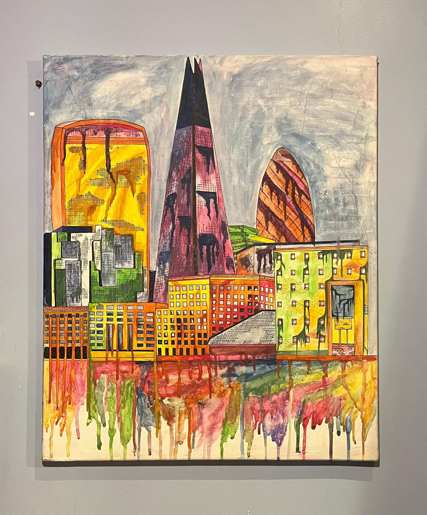 London Skyline Drip Style - Original Acrylic/Watercolour on Canvas Painting