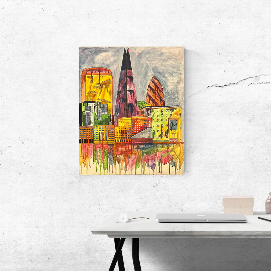London Skyline Drip Style - Original Acrylic/Watercolour on Canvas Painting
